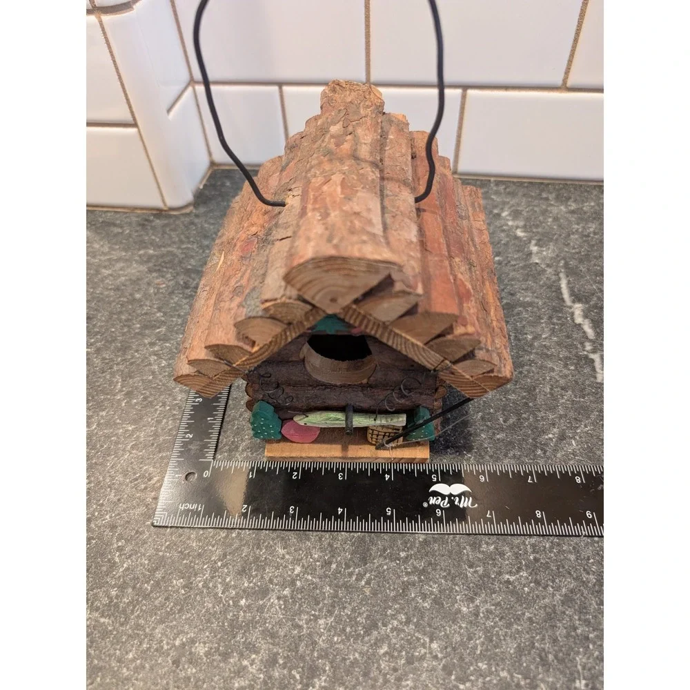 Handmade Rustic Log Cabin Birdhouse Wood Fishing Lodge Decor with Wire Hanger